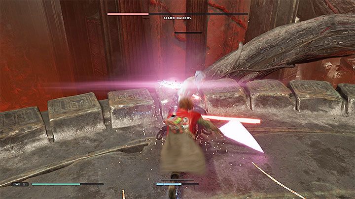 W drugiej fazie bitwy (tej, która rozpoczyna się po wyświetleniu krótkiej cut-scenki) spodziewaj się okazjonalnego wsparcia ze strony Nocnej Siostry Merrin - Taron Malicos | Boss w Jedi Upadły Zakon / Fallen Order - Star Wars Jedi Fallen Order - poradnik do gry