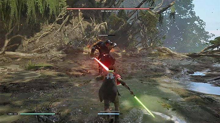 Pomocnym czynnikiem przy zadawaniu Czerwonej Siostrze obrażeń jest wyczerpywanie jej paska kondycji - Dziewiąta Siostra | Boss w Jedi Upadły Zakon / Fallen Order - Star Wars Jedi Fallen Order - poradnik do gry