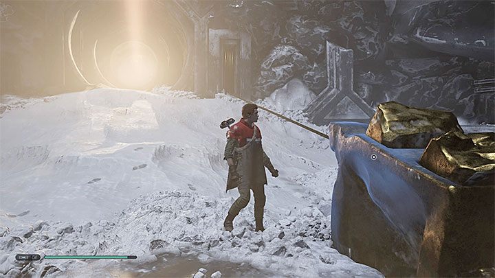 Zainteresuj się interaktywnym mechanizmem pod wiszącym kryształem i użyj na nim przyciągnięcia Mocy żeby zmienić jego pozycję - Rozdział 5 Ilum - solucja Jedi Upadły zakon / Fallen Order - Star Wars Jedi Fallen Order - poradnik do gry