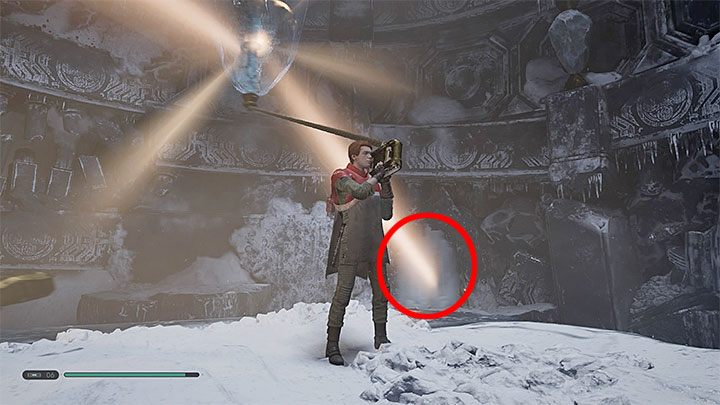 Zwróć uwagę na linę przyczepioną do kryształu i złap ją z użyciem przyciągnięcia Mocy - Rozdział 5 Ilum - solucja Jedi Upadły zakon / Fallen Order - Star Wars Jedi Fallen Order - poradnik do gry