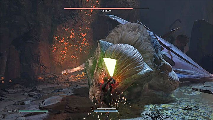 Po kilku udanych atakach Gorgara zostanie ogłuszona (przykład na obrazku 1) - Rozdział 5 Gorgara i Grobowiec Kujeta - solucja Jedi Upadły zakon / Fallen Order - Star Wars Jedi Fallen Order - poradnik do gry