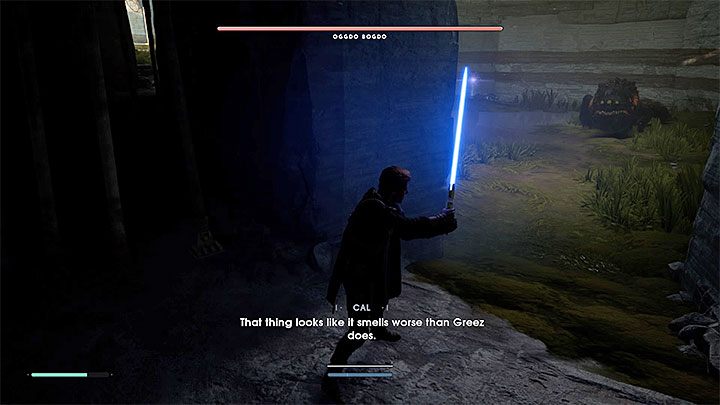 W jaskini jest bardzo ciemno, ale Cal może rozświetlać okolicę mieczem świetlnym - Oggdo Bogdo (planeta Bogano) | Boss w Jedi Upadły Zakon / Fallen Order - Star Wars Jedi Fallen Order - poradnik do gry
