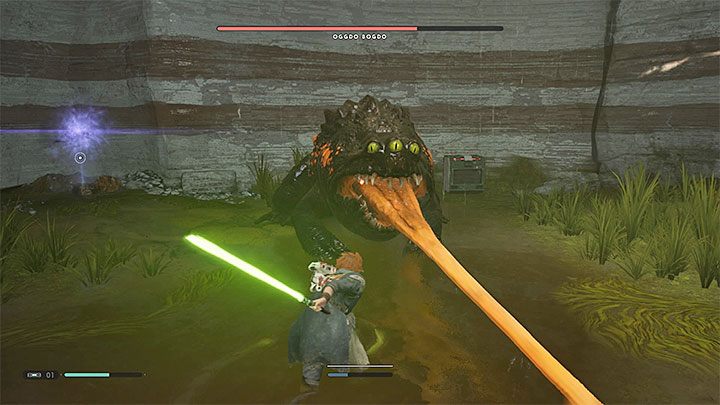 Pojedynek rozpocznij od zablokowania kamery na bossie, dzięki czemu łatwiej będzie ci reagować na jego poczynania - Oggdo Bogdo (planeta Bogano) | Boss w Jedi Upadły Zakon / Fallen Order - Star Wars Jedi Fallen Order - poradnik do gry