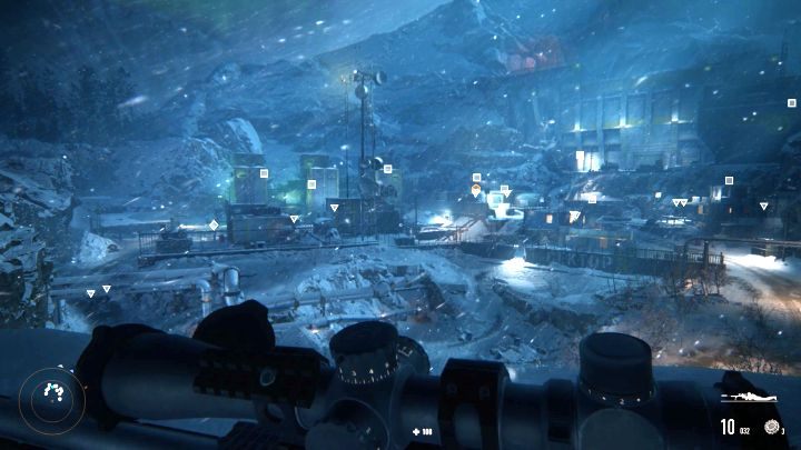 W bazie aż roi się od wrogów - sam Dmitri oznaczony jest żółtą ikonką. - Góry Ałtaj (Altai Mountains) | Solucja Sniper Ghost Warrior Contracts - Sniper Ghost Warrior Contracts - poradnik do gry