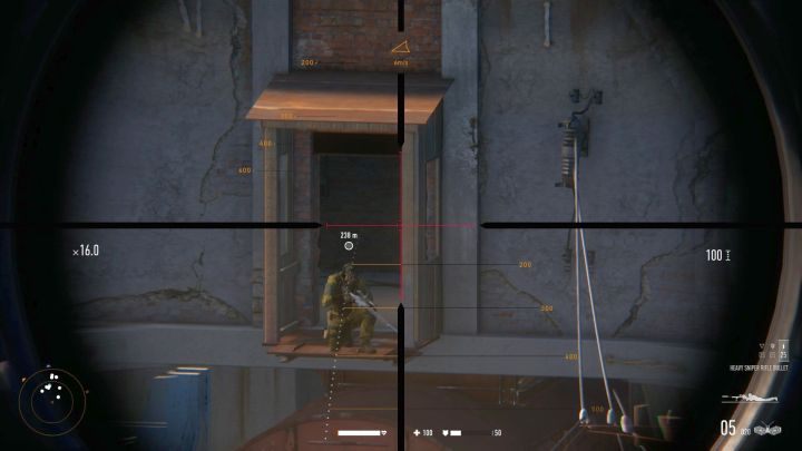 Przerywana linia reprezentująca wpływ wiatru na trajektorię lotu pocisku. - Strzelanie w Sniper Ghost Warrior Contracts - Sniper Ghost Warrior Contracts - poradnik do gry