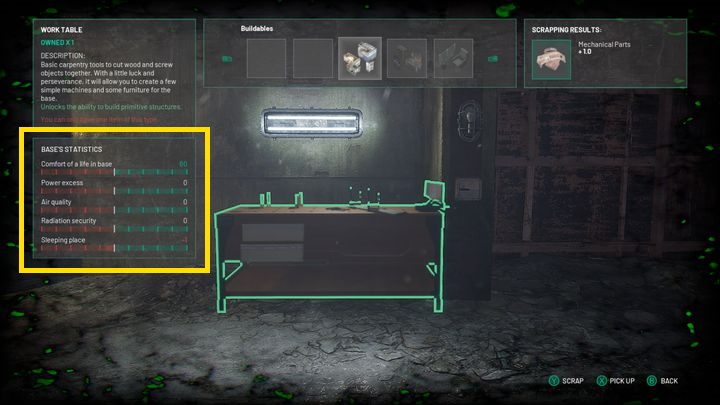 W czasie, gdy macie aktywny panel budowania zostaje aktywowana nakładka, dzięki której przełączacie się między kolejnymi kategoriami - Chernobylite: Baza - rozbudowa, parametry - Chernobylite - poradnik do gry
