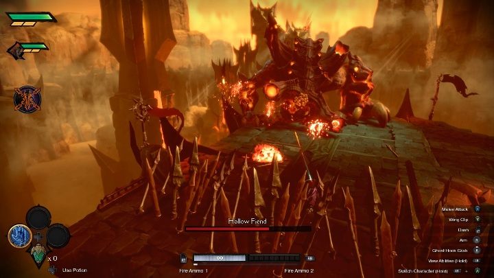 Ostatnim atakiem przeciwnika jest wyrzucanie z rogów pocisków z lawy - Darksiders Genesis: Hollow Fiend boss - rozdział 1, walka - Darksiders Genesis - poradnik do gry