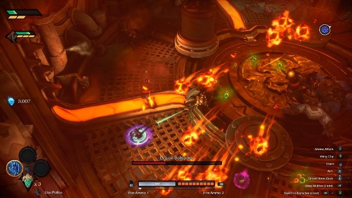 Specjalnym atakiem przeciwnika jest wyrzucanie ognistych granatów - Darksiders Genesis: Legion Boltspitter boss - rozdział 3, walka - Darksiders Genesis - poradnik do gry