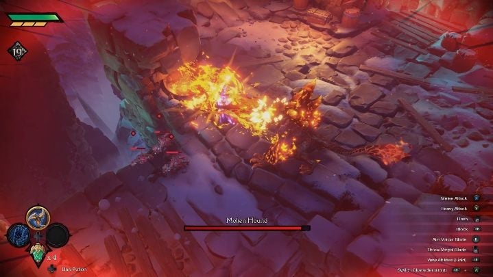 Najbardziej widowiskowym atakiem przeciwnika jest zianie ogniem - Darksiders Genesis: Molten Hound boss - rozdział 4, walka - Darksiders Genesis - poradnik do gry