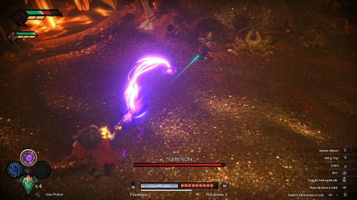 Jednym z podstawowych ataków bossa jest wystrzeliwanie fioletowego pocisku - Darksiders Genesis: Mammon boss - rozdział 6, walka - Darksiders Genesis - poradnik do gry