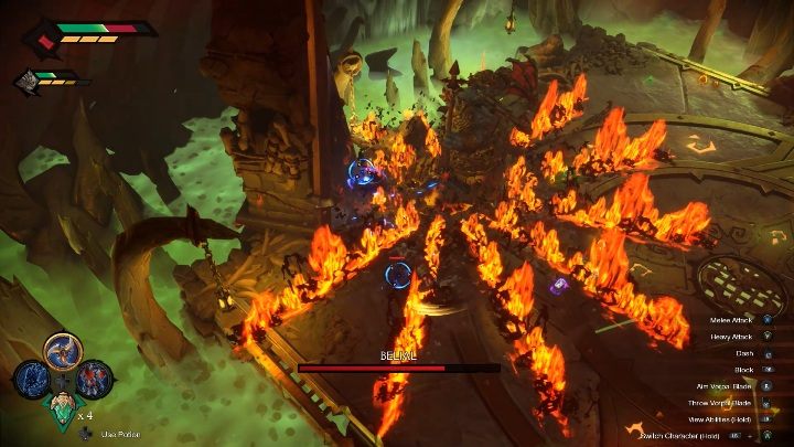 W kolejnych fazach Belial, po uderzeniu trójzębem, wywołuje kilka ognistych ścieżek - Darksiders Genesis: Belial boss - rozdział 9, walka - Darksiders Genesis - poradnik do gry