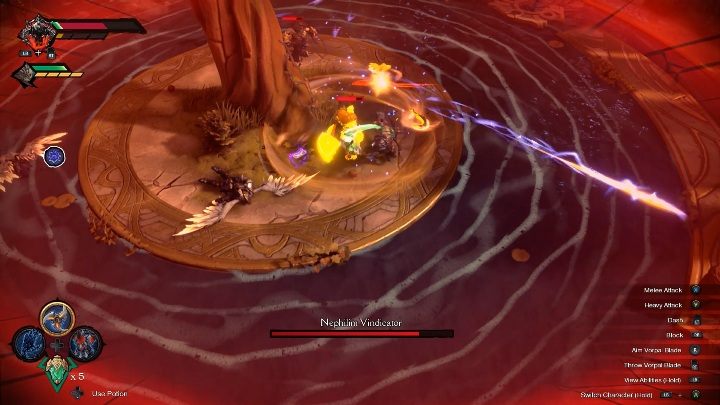 Nephilim Vindicator potrafi wyrzucić wiązkę energii, która osłabi twojego bohatera oraz wystawi go na ataki ze stron przeciwników - Darksiders Genesis: Nephilim Vindicator boss - rozdział 11, walka - Darksiders Genesis - poradnik do gry