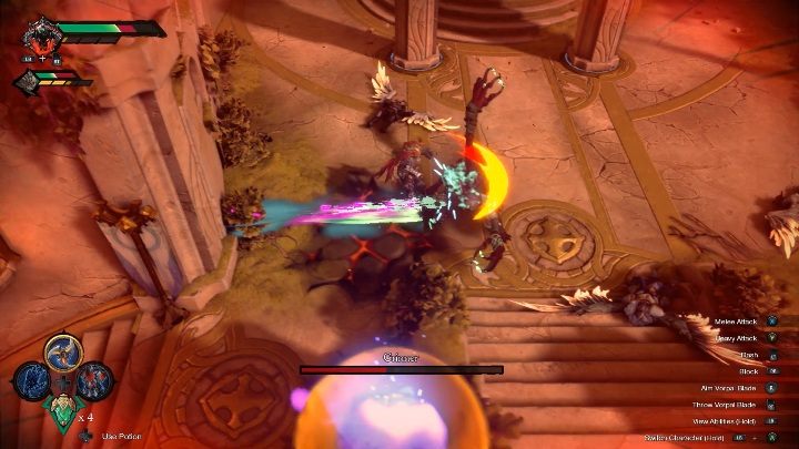 Boss odpycha Cie od siebie wieloma atakami - machaniem łap i skokami - Darksiders Genesis: Grinner boss - rozdział 11, walka - Darksiders Genesis - poradnik do gry