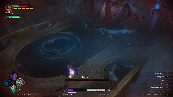 W trakcie walki boss nie tylko zacznie wzywać sojuszników, ale również tworzyć wiry wody, które będą Cię wciągać i osłabiać - Darksiders Genesis: Dagon boss - rozdział 13, walka - Darksiders Genesis - poradnik do gry