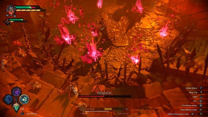 Uderzenie o skałę również pozbawi Cię punktów zdrowia oraz narazi Cię na dodatkowy atak z rąk przeciwnika - Darksiders Genesis: Moloch boss - rozdział 16, walka - Darksiders Genesis - poradnik do gry