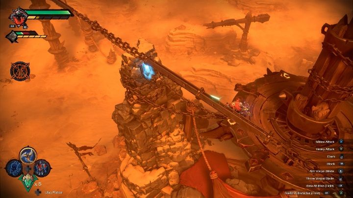 Aby aktywować pierwszą część drzwi musisz uruchomić niebieski przycisk, a potem zeskoczyć na niższe piętro - Darksiders Genesis: Skrzynia z bonusem, rozdział 14 - jak się tam dostać? - Darksiders Genesis - poradnik do gry