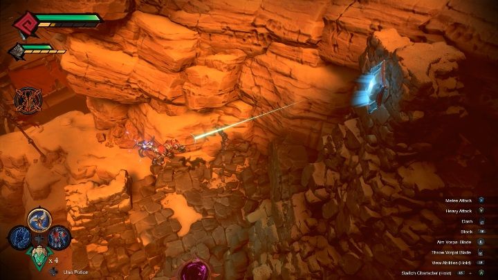 Gdy osiągnie odpowiednią wysokość uderz w przycisk znajdujący się na prawej stronie ściany - Darksiders Genesis: Skrzynia z bonusem, rozdział 14 - jak się tam dostać? - Darksiders Genesis - poradnik do gry