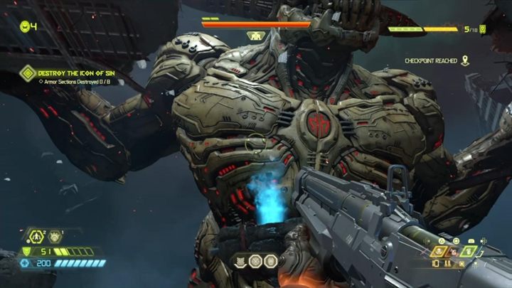 Wróg podzielony został na 8 obszarów na wielkim cielsku, które przykrywa gruba warstwa pancerza - Doom Eternal: Boss Ikona Grzechu | walka, jak pokonać - Doom Eternal - poradnik do gry