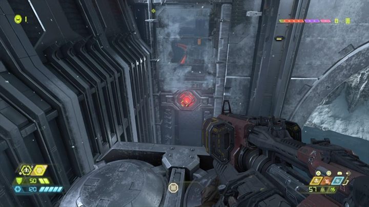 Po wygranym starciu otworzą się drzwi, weź ulepszenie do pancerza i strzel w punkt na ścianie - Doom Eternal: Baza Kultystów (Cultist Base) solucja, opis przejścia - Doom Eternal - poradnik do gry