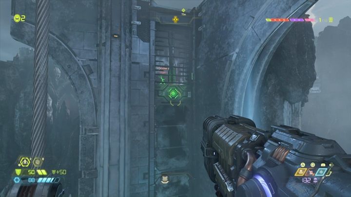 Po walce, skocz na ścianę obok przepaści, następnie wybij się platformą do góry i wskocz na wiszącą półkę - Doom Eternal: Baza Kultystów (Cultist Base) solucja, opis przejścia - Doom Eternal - poradnik do gry