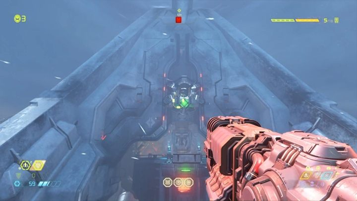 Z platformy musisz strzelić w zielony przycisk na górze i wskoczyć na most - Doom Eternal: Baza Łowców Zagłady (Doom Hunter Base) solucja, opis przejścia - Doom Eternal - poradnik do gry