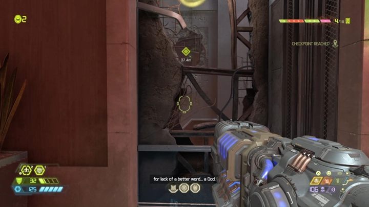 W budynku znajdziesz lukę w szybie, przez którą musisz wskoczyć na drążek i przejść dalej - Doom Eternal: Kompleks Arc (Arc Complex) solucja, opis przejścia - Doom Eternal - poradnik do gry