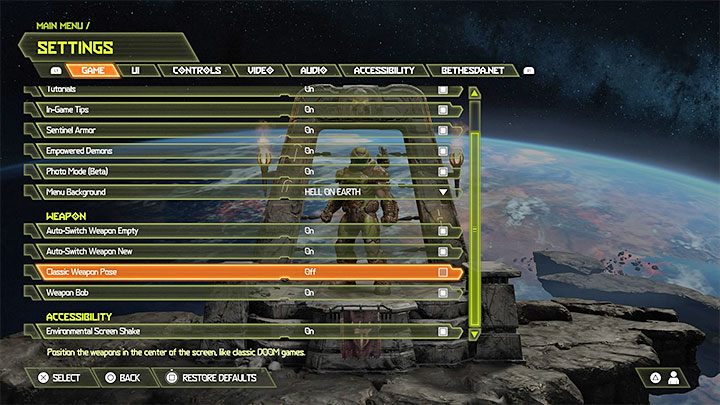 Pod pojęciem klasycznego widoku broni kryje się umiejscowieniem jej na samym środku ekranu, a nie bliżej jednej z krawędzi po to żeby lepiej oddać efekt trzymania jej w lewej lub prawej dłoni - Doom Eternal: Klasyczny widok broni - jak włączyć? - Doom Eternal - poradnik do gry