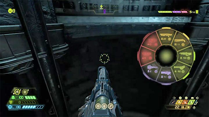 Wskocz do szybu i przytrzymaj przycisk wywołania menu broni, dzięki czemu załączy się spowolnienie czasu - Doom Eternal: Taras Nabad - jak dotrzeć do pytajnika w szybie? - Doom Eternal - poradnik do gry