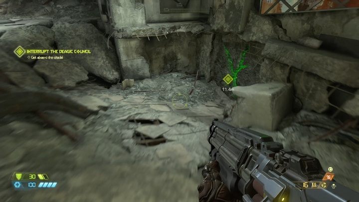 Aby dostać się do figurki musisz zniszczyć szarą ścianę oznaczoną zielonym kolorem - Doom Eternal: Piekło na ziemi | Mapa sekretów, znajdźki - Doom Eternal - poradnik do gry