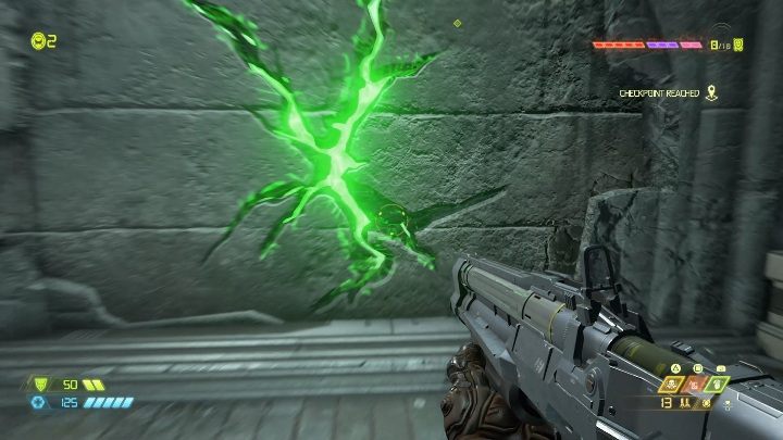 Aby dostać się do znajdźki musisz przeskoczyć na drugą stronę, nad przepaścią, a potem rozbić popękaną ścianę - Doom Eternal: Exultia | Mapa sekretów, znajdźki - Doom Eternal - poradnik do gry