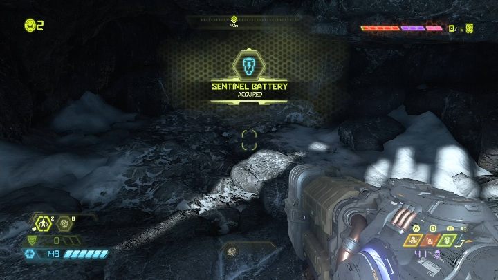 Baterię znajdziesz na małej półce skalnej - Doom Eternal: Baza kultystów | Mapa sekretów, znajdźki - Doom Eternal - poradnik do gry