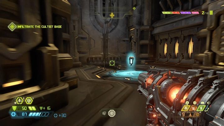 Zaraz po otworzeniu się nowej części mapy, za zwodzonym mostem, znajdziesz baterię - Doom Eternal: Baza kultystów | Mapa sekretów, znajdźki - Doom Eternal - poradnik do gry