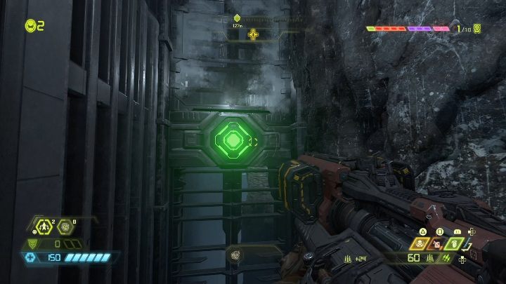 Aby zdobyć drugie dodatkowe życie musisz strzelić do zielonego elementu pokazanego na screenie powyżej - Doom Eternal: Baza kultystów | Mapa sekretów, znajdźki - Doom Eternal - poradnik do gry