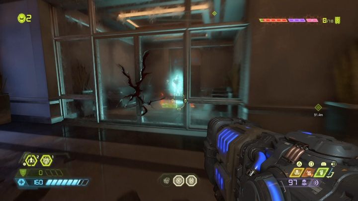 Aby dostać się do tego sekretu musisz pokonać przeciwników, a następnie robić zniszczone, szklane drzwi - Doom Eternal: Kompleks Arc | Mapa sekretów, znajdźki - Doom Eternal - poradnik do gry