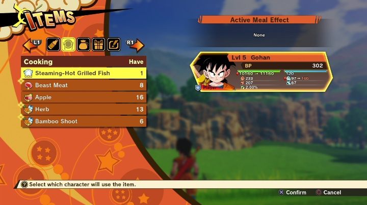 Gdy będziesz przeglądać wszystkie pozycje możesz wybrać interesujący Cię obiekt i użyć go na wybranym bohaterze - Przedmioty w Dragon Ball Z Kakarot - Dragon Ball Z Kakarot - poradnik do gry