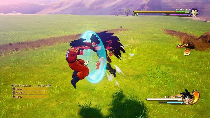 W trakcie użycia gardy pojawi się przed tobą niebieska tarcza, która wraz z przyjętymi obrażeniami będzie zmieniać swój kolor - System walki w Dragon Ball Z Kakarot - Dragon Ball Z Kakarot - poradnik do gry
