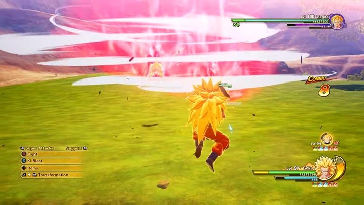 Po pokonaniu wszystkich wrogów, obejrzysz scenkę i zjawi się Vegito i Gotenks - Vegito i Gotenks - boss w DBZ Kakarot - Dragon Ball Z Kakarot - poradnik do gry