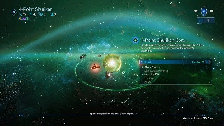 Yuffie rozpoczyna rozgrywkę z bronią 4-Point Shuriken i ma od razu 16 punktów SP do wykorzystania, które można przeznaczyć na jej ulepszenie - Final Fantasy VII Remake Intermission: Początek gry - jak dobrze zacząć? - Final Fantasy VII Remake - poradnik do gry