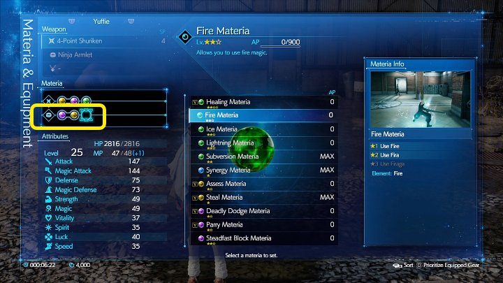 Warto także zwrócić uwagę na to, że Yuffie rozpoczyna rozgrywkę z pokaźnym zestawem Materii (nawet drugiego poziomu) - Final Fantasy VII Remake Intermission: Początek gry - jak dobrze zacząć? - Final Fantasy VII Remake - poradnik do gry