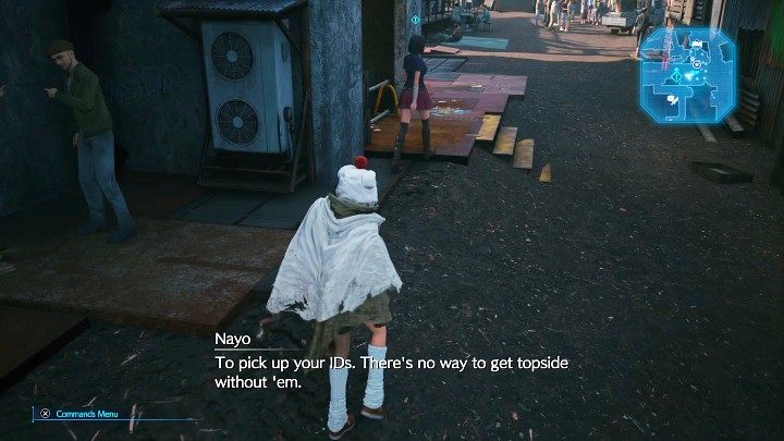 Wyjdźcie z kryjówki i porozmawiajcie z Nayo, a następnie idźcie za nią do umówionego miejsca, aby odebrać zamówione przepustki (IDs) - Final Fantasy VII Remake Intermission: The Handoff - solucja, opis przejścia - Final Fantasy VII Remake - poradnik do gry