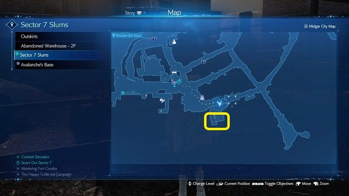 Na powyższym obrazku oznaczyliśmy miejsce, w którym znajdziecie pierwszą ulotkę (The Happy Turtle Newsletter 1) - Final Fantasy VII Remake Intermission: The Happy Envoy - solucja, opis przejścia - Final Fantasy VII Remake - poradnik do gry