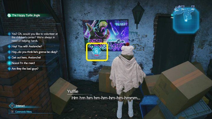 Podejdźcie do miejsca widocznego na powyższym obrazku i rozbijcie ścianę z kartonów - ulotka wisi na ścianie - Final Fantasy VII Remake Intermission: The Happy Envoy - solucja, opis przejścia - Final Fantasy VII Remake - poradnik do gry