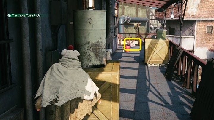 Wejdźcie na pierwsze piętro budynku mieszkalnego i schowajcie się za pierwszą skrzynią - Final Fantasy VII Remake Intermission: The Happy Envoy - solucja, opis przejścia - Final Fantasy VII Remake - poradnik do gry