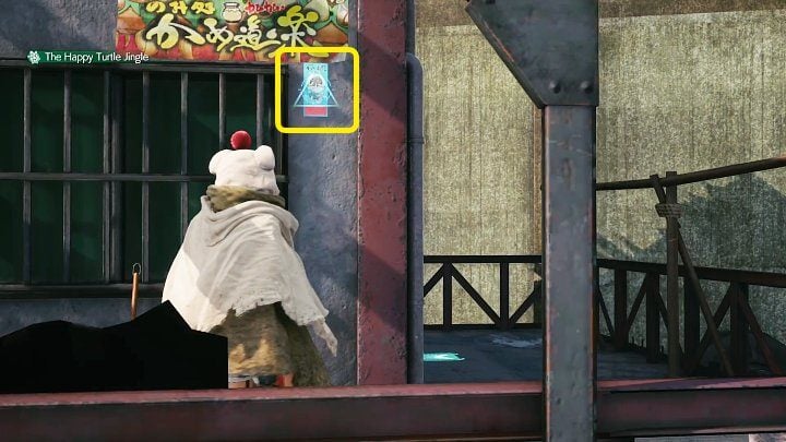 Ulotka została przyklejona do ściany, w miejscu widocznym na powyższym obrazku - Final Fantasy VII Remake Intermission: The Happy Envoy - solucja, opis przejścia - Final Fantasy VII Remake - poradnik do gry