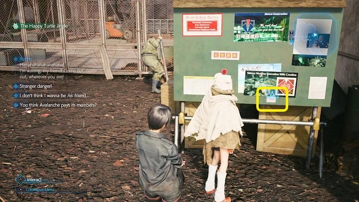 Piątą ulotkę Happy Turtle przywieszono do tablicy, w miejscu zaznaczonym na powyższym screenie - Final Fantasy VII Remake Intermission: The Happy Envoy - solucja, opis przejścia - Final Fantasy VII Remake - poradnik do gry