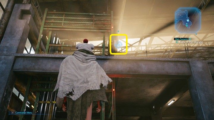 Podejdźcie do windy i rzućcie shurikenem w dźwignię oznaczoną na powyższym obrazku, aby uruchomić windę, którą wjedziecie na wyższe piętro hangaru - Final Fantasy VII Remake Intermission: HP Up Materia - jak zdobyć? - Final Fantasy VII Remake - poradnik do gry