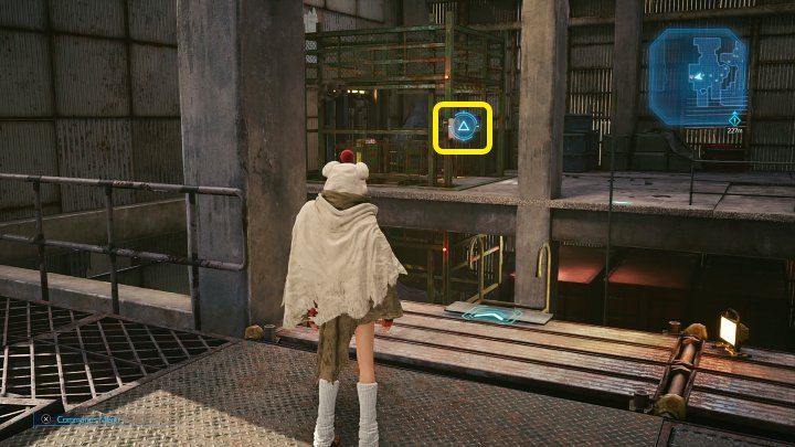 Zanim wyjdziecie z magazynu, przejdźcie kawałek do przodu, a zauważycie kolejną windę - rzućcie shurikenem w dźwignię oznaczoną na powyższym obrazku, a następnie zejdźcie po drabinie na niższy poziom - Final Fantasy VII Remake Intermission: HP Up Materia - jak zdobyć? - Final Fantasy VII Remake - poradnik do gry