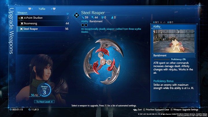 Steel Reaper ma o jedno miejsce na Materię mniej, niż podstawowa broń Yuffie (4-Point Shuriken), ale zapewnia większy bonus do ataku - Final Fantasy VII Remake Intermission: Steel Reaper, broń Yuffie - jak zdobyć? - Final Fantasy VII Remake - poradnik do gry