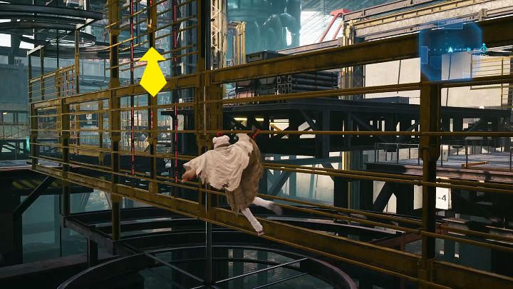 Wejdźcie na drabinki i idźcie przed siebie, a w połowie drogi (w miejscu oznaczonym żółtą strzałką) zacznijcie wspinać się do góry - Final Fantasy VII Remake Intermission: Elemental Materia - jak zdobyć? - Final Fantasy VII Remake - poradnik do gry
