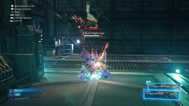 Nieco dalej będziecie musieli stanąć do walki z kolejnym wymagającym i wytrzymałym przeciwnikiem Armored Magitrooper, który jest odporny na magię i może używać potężnych ataków laserowych - Final Fantasy VII Remake Intermission: Find That Materia - solucja - Final Fantasy VII Remake - poradnik do gry